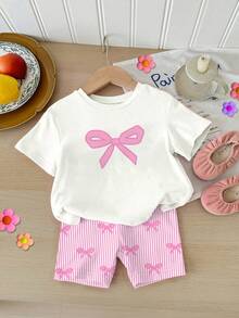 2pcs/Set Baby Girl Cute Pink And White Bow Decor Striped Round Neck T-Shirt And Shorts,Summer Family Matching Outfit,Casual Soft Clothes For Travel - 彩色 - 查看 2