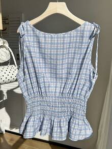 Comfortcana Camiseta sin mangas casual a cuadros para mujer de talla grande - Celeste - Ver 2