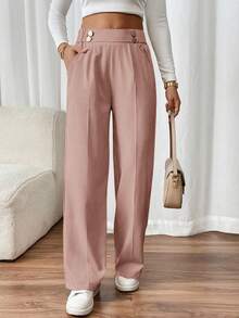 SHEIN Frenchy Women's Elegant Straight-Leg Pants With Double Buckle, Suitable For Commuting - Baby Pink - View 4