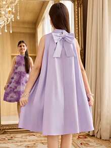 SHEIN Tween Girl Elegant A-Line Stand Collar Sleeveless Dress,Purple Lavender Lilac Princess Partywear For Kids,Light Blue And White,Summer,Elegant,Party - Purple - View 4