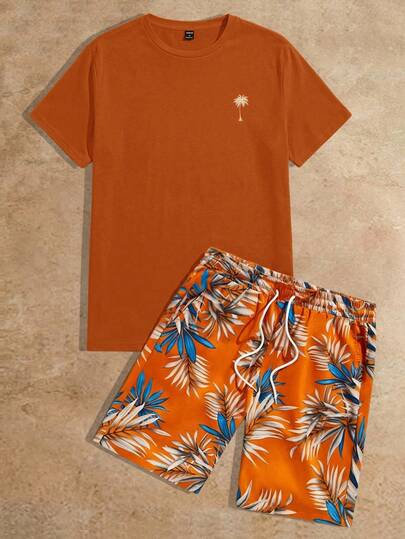 HIMLAND Men's Casual Vacation Tropical Print T-Shirt And Shorts Set  For Casual Wear, Cozy Outfits Out Pattern, For Vacation, Beach For Husband Boyfriend Gift Simple Fashion Commuting Men 2 Piece Set Vacation Mens Beach Wear Set Men Two Piece Set Orange Men 2 Piece Set Tropical Men Hawaii Outfit