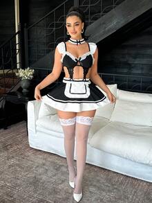 Fantasy Costume Fantasy Costume 2pcs Lace Patchwork Ruffle Trim Dress With Bow Collar, Sexy Lingerie Set For Women - Black and White - View 5