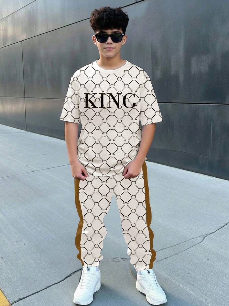 SHEIN 男童新款休闲复古花卉英文字母“King”运动风美式撞色撞色圆领短袖T恤和裤子套装 - 白色 - 查看 1