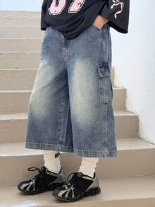 DAZY Tween Girls' Pocketed Casual Versatile Everyday Wear Wide Leg Jeans - Blue - View 4