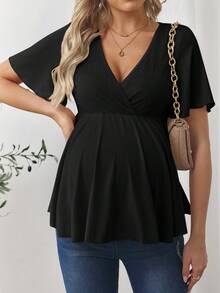 SHEIN Maternity Solid Color Overlap V-Neck Ruffle Short Sleeve Casual T-Shirt - Black - View 5