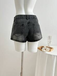 Elamini 女士休闲水洗褶裥牛仔短裤，夏季 - 黑色 - 查看 2