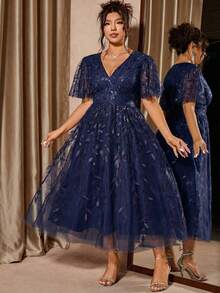 Cravure Plus Size Elegant Party Red V-Neck Mesh Sequin Ruffle Hem Dress - Navy Blue - View 8