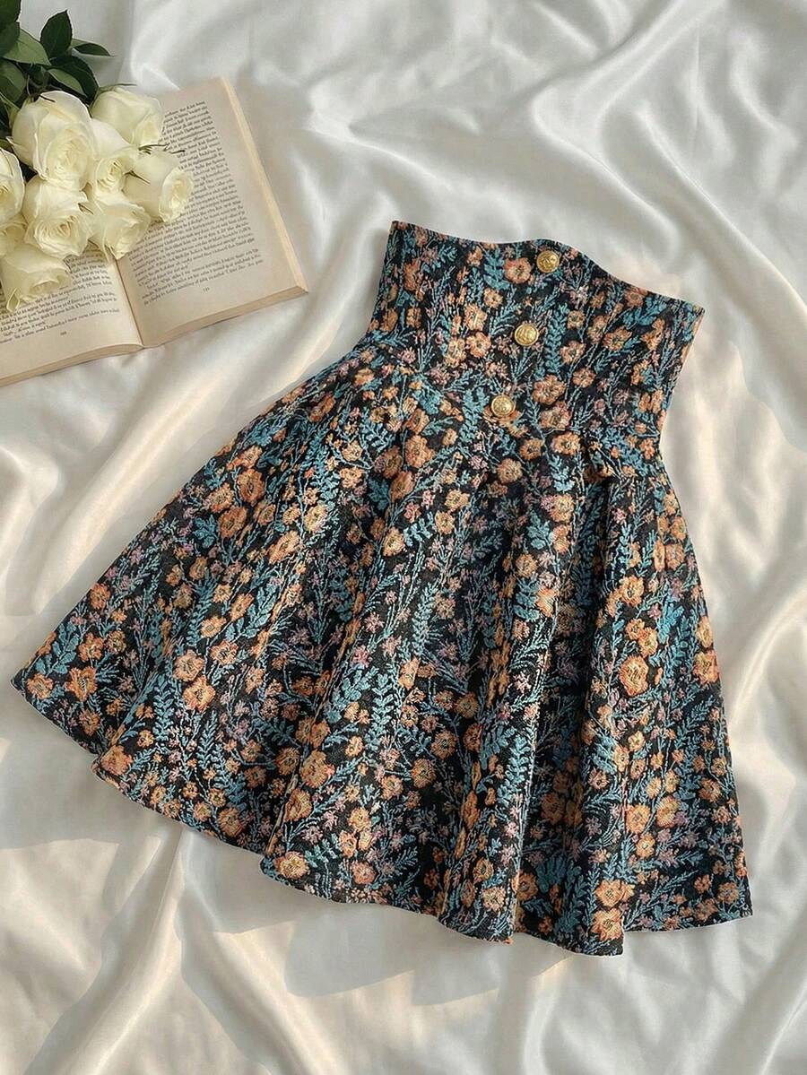 SHEIN MOD 女士花卉图案优雅高腰A字裙，适合春夏假期、情人节、生日等场合，风格优雅复古，适合外出、海滩、派对、度假、波西米亚风、婚礼宾客、下午茶等场合。 - 彩色 - 查看 1