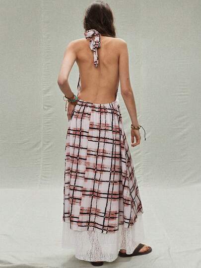 SoleilVie Women's French Style Vacation V-Neck Backless Contrast Color Lace Patchwork Waist Tie Long Plaid Print Casual Dress, Spring/Summer