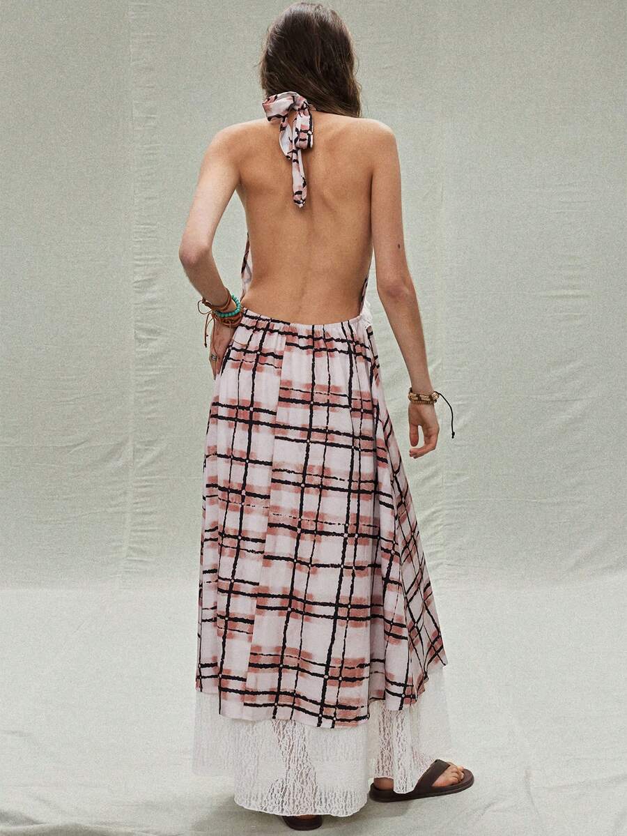 SoleilVie 女士法式度假风V领露背撞色蕾丝拼接腰带长款格纹印花休闲连衣裙，春夏款 - 彩色 - 查看 1