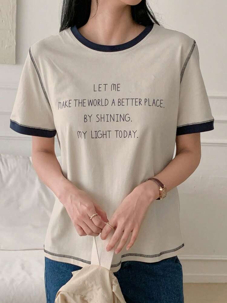 Women's Elegant Loose Basic Patchwork Contrast Color Short Sleeve Letter Decor Cotton T-Shirt, Spring/Summer