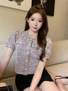 DAZY 夏季新款泡泡袖女式衬衫，适合第一次约会 - 灰色 - 查看 2