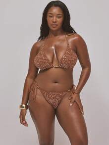 MUSERA 加大码串珠亮片钩编三角比基尼上衣（仅上衣）春夏复活节可爱假日度假泳装伊比沙岛海滩性感节日 - 咖啡棕 - 查看 2