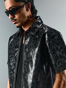 ROMWE MEN Street Life Spring/Summer Casual Graphic Men'S Fashion Pu Texture Zipper Short Sleeve Shirt - Black - View 3