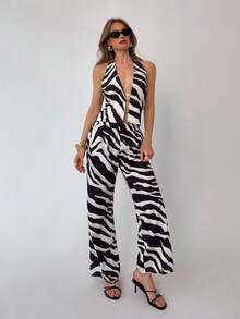 Aloruh 女士优雅系带露背斑马纹宽松阔腿裤两件套，适合通勤。 - 彩色 - 查看 7