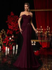 Glamrae Elegant Dark Gray-Green High Stretch Mesh Off Shoulder Evening Dress,Fishbone Trim Asymmetrical Split Metal Decor Fish Tail Formal Gown For Occasions - Maroon - View 4