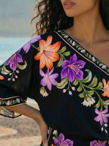 CAJUNI 女士夏季度假沙滩印花无袖连体衣 - 黑色 - 查看 5