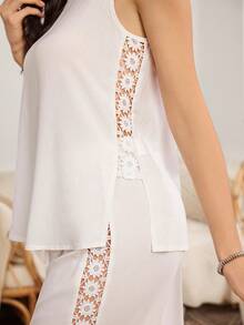 SHEIN Fashionable White Soft Fabric Lace Patchwork Casual Loungewear Pajama Set - White - View 2