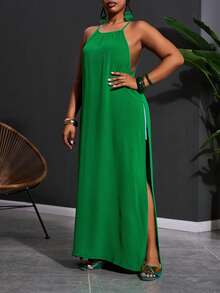Slaydiva Plus Size Sage Green Summer Boho Beach Holiday Dress,Sleeveless High Slit Sides Wrap Yacht Dress,Women's Casual Cruise Travel Wedding Guest Outfits - Green - View 12