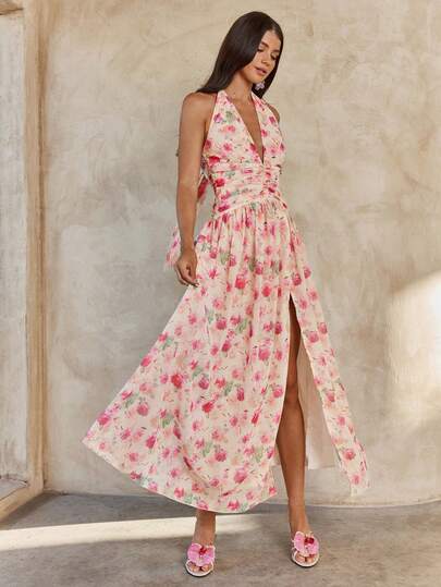 Enchnt Spring/Summer Romantic Women's Elegant Pink Sleeveless Neck Tie Waist Slim Fit Floral Print Long Dress, Elegant & Chic,Summer,Sweet&Elegant For Vacation&Date&Holiday&Going Out&Valentine's Day,Spring Outfit Women,Sun Dress