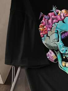 Rick and Morty X SHEIN 男士加大码休闲骷髅印花圆领短袖T恤，夏季 - 黑色 - 查看 3