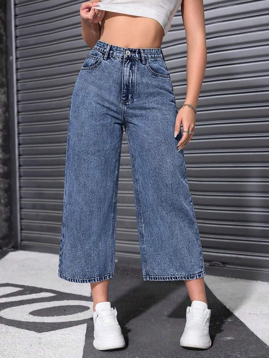 Rivivi 纯色斜插口袋休闲百搭阔腿牛仔裤 - 淺色水洗藍 - 查看 1