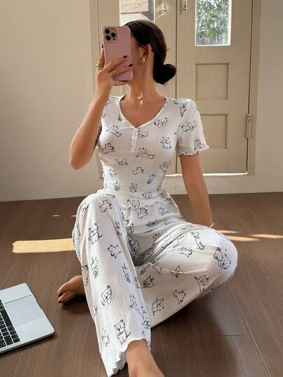 Dream Adore Conjunto de pijama de mujer con estampado de cachorrito, de cuello en V con botones y manga corta de punto, y pantalones