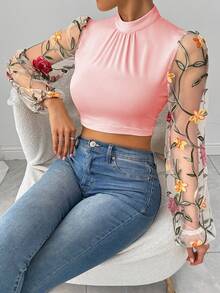 Chiquease Floral Embroidery Mesh Long Sleeve Stand Collar Top - Pink - View 4