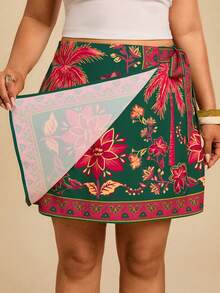 Travachic Plus Size Women's Black Floral Print Wrap Tie Bow Wrap Asymmetrical Skirt Beach Resort Wear Ibiza Boho - Multicolor - View 4