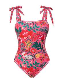Swim Oasis Spring/Summer Hot Selling High Beach Casual Vacation Floral & Plant Print Tie-Up One-Piece Swimsuit + Front Covered Tie-Up Plant Print Skirt 2-Piece Set - Multicolor - View 4