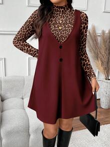 SHEIN Frenchy 大码女式豹纹立领长袖上衣和纯色吊带连衣裙两件套，时尚度假装 - 彩色 - 查看 5