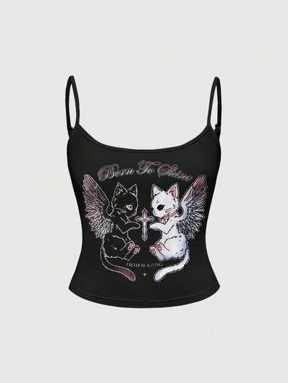 ROMWE Goth 哥特风猫咪十字心印花女式吊带衫