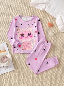 2pcs Girls Cute Cat & Heart Glow-In-The-Dark Print Snug Fit Pajama Set, Long Sleeve Top And Pants - Multicolor - View 6