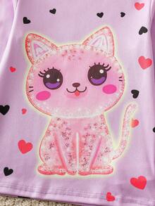 2pcs Girls Cute Cat & Heart Glow-In-The-Dark Print Snug Fit Pajama Set, Long Sleeve Top And Pants - Multicolor - View 8