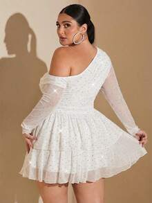 SHEIN BAE Plus Size White Summer Elegant Girlism Night Out Club Party Dresses,Shiny Sequin Rhinestone Asymmetrical Oblique Shoulder Mesh Cascading Ruffle Dress - White - View 2