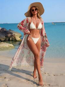 Swim Lushoire Kimono Wanita Motif Bunga dengan Sabuk yang Dapat Dilepas, Cocok untuk Pantai, Pesta, dan Liburan - MultiWarna - View 6