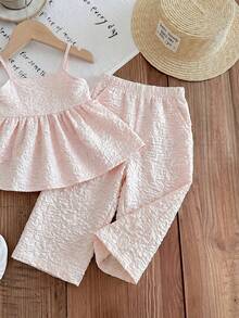 SHEIN LMoss Kids Baby Girl Summer Casual Vacation Daily Commute Solid Color Jacquard Babydoll Cami Top & Wide Leg Pants Set - Pink - View 9