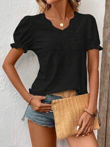 EMERY ROSE Summer Casual Solid Color Textured Lace Trim T-Shirt - Black - View 6
