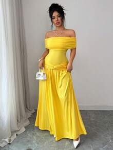 Elenzga New Off Shoulder Sleeveless Knit Fitted Elegant Party Versatile Dress For Women - Yellow - View 8