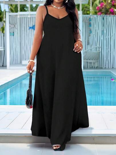 SHEIN Lady Plus Size Women Vintage Casual Romantic Elegant Spaghetti Strap Dress, Black Dress, Summer Dress