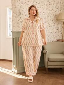 CottageSlumber Plus Size Floral Print Ruffle Collar Cardigan Short Sleeve & Pants Pajama Set - Multicolor - View 7