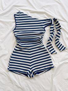 Soleia Vacation Sexy Asymmetrical Shoulder Tie Strap Flowy Fitted Light Yellow Women's Jumpsuit, Suitable For Party, Vacation, Music Festival, Boho, Holiday Date, Afternoon Tea - Multicolor - View 5