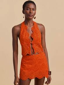 Travachic Women's Halter Neck Embroidered Tie-Front Crop Top And Mini Skirt 2-Piece Set, Fashionable For Dates And Parties - Orange - View 3