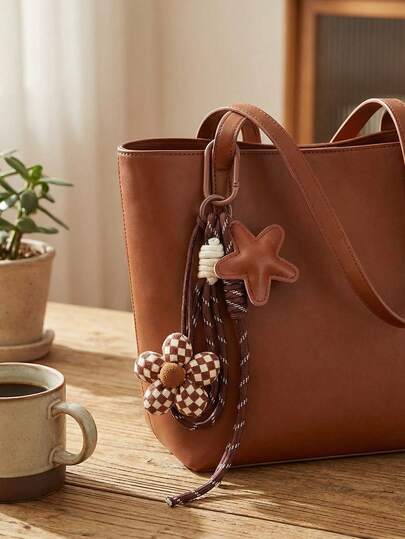 Bag Charm - Brown Color Scheme Stuffed Fabric Floral Keychain, Decorative Pendant Accessory