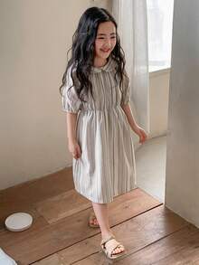 Dazy Kids Young Girl Striped Peter Pan Collar Short Puff Sleeve Cute Dress - Khaki - View 4