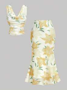 SHEIN MOD 梦幻浪漫黄色花卉印花垂褶领两件套——美人鱼裙摆，珍珠链饰，适合花园茶会、约会、派对、女士春夏装、春假、度假、野餐、节日、生日等场合 - 黃色 - 查看 2