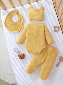 新生儿长袖连体衣、裤子、帽子和围兜四件套，可爱针织提花面料家居服 - 黃色 - 查看 2