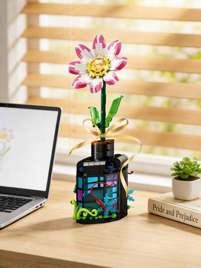 MINKOJA 302 PCS Educational Flower Art Building Blocks Set, Light-Up Marguerite Magic Drift Bottle With TV & Sofa