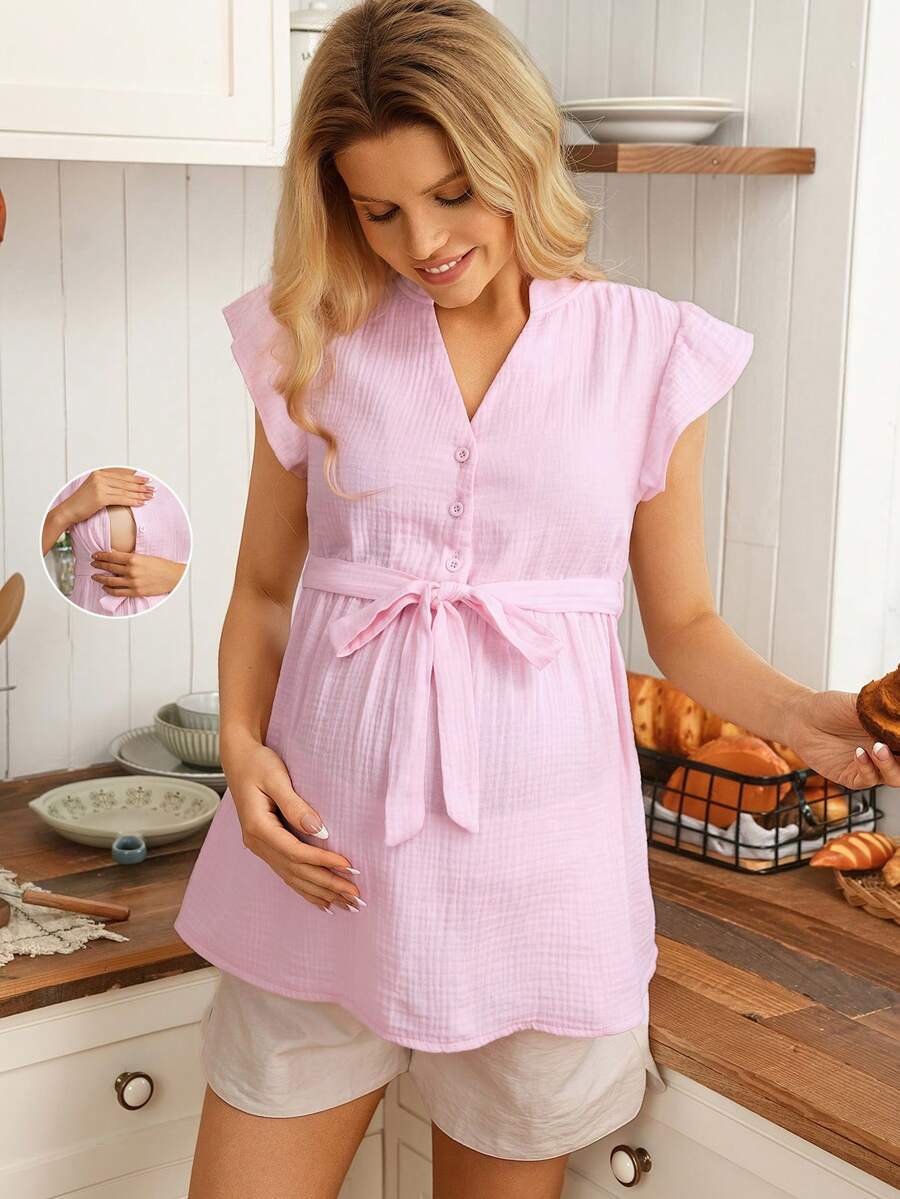 SHEIN 孕妇哺乳荷叶边袖半开襟纽扣系带棉质上衣 - 淺粉色 - 查看 1