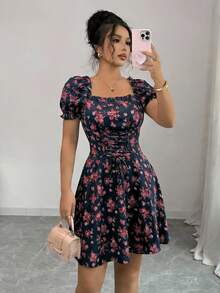 Rafferiza Vestido de mujer con cuello cuadrado, mangas abullonadas, cintura con volantes y cordón ajustable, estampado floral diminuto - Multicolor - Ver 7
